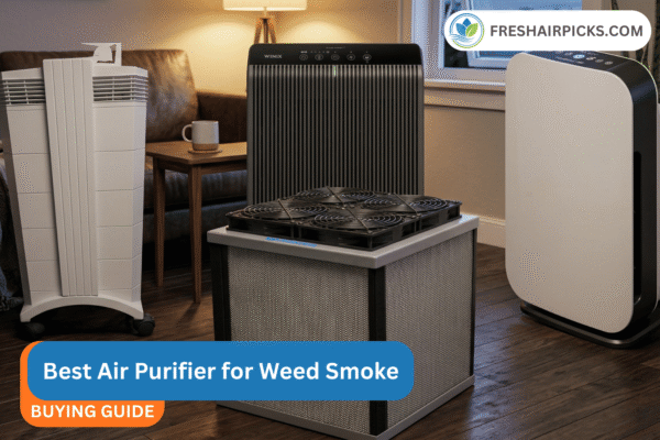 A collection of top-rated air purifiers in a cozy living room, featuring a buying guide banner for the best air purifiers for weed smoke by Fresh Air Picks.