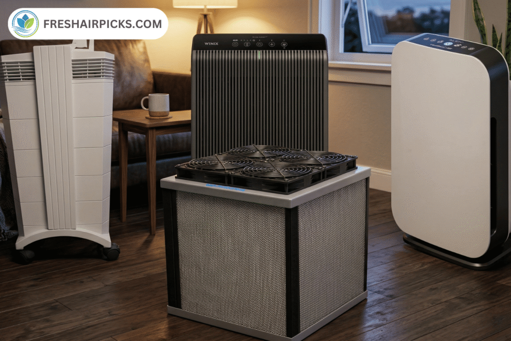 Four different brands of home air purifiers grouped together on a wooden floor in a warmly lit modern living room to eliminate smoke and airborne allergens.
