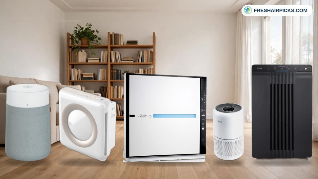 Air purifiers in a modern living room, illustrating the quiet models compared in this guide